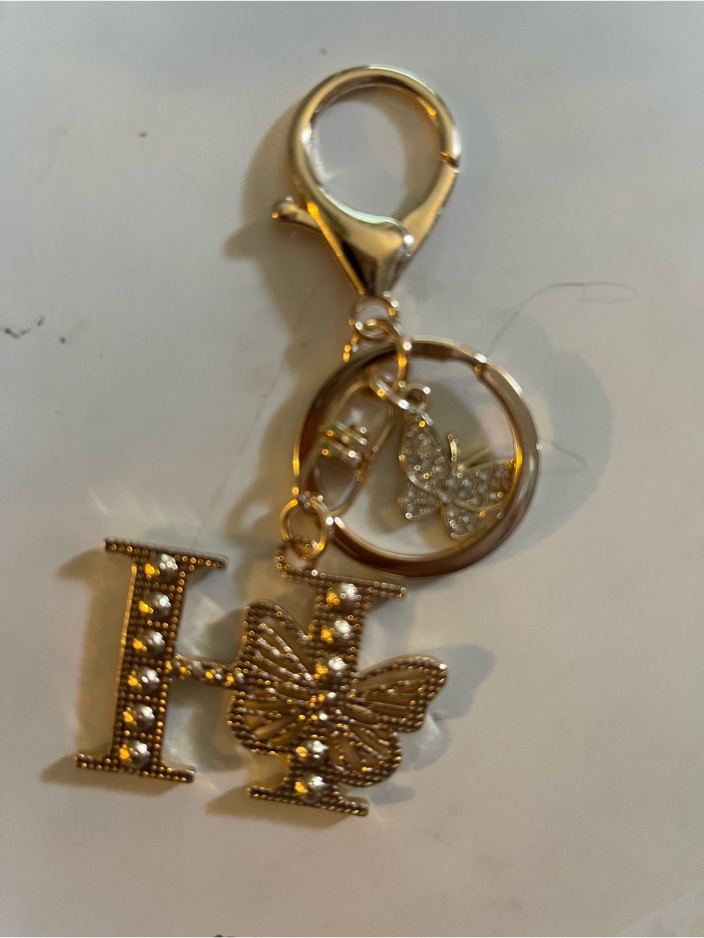 Gold-Tone H Letter & Butterfly Charm Keychain